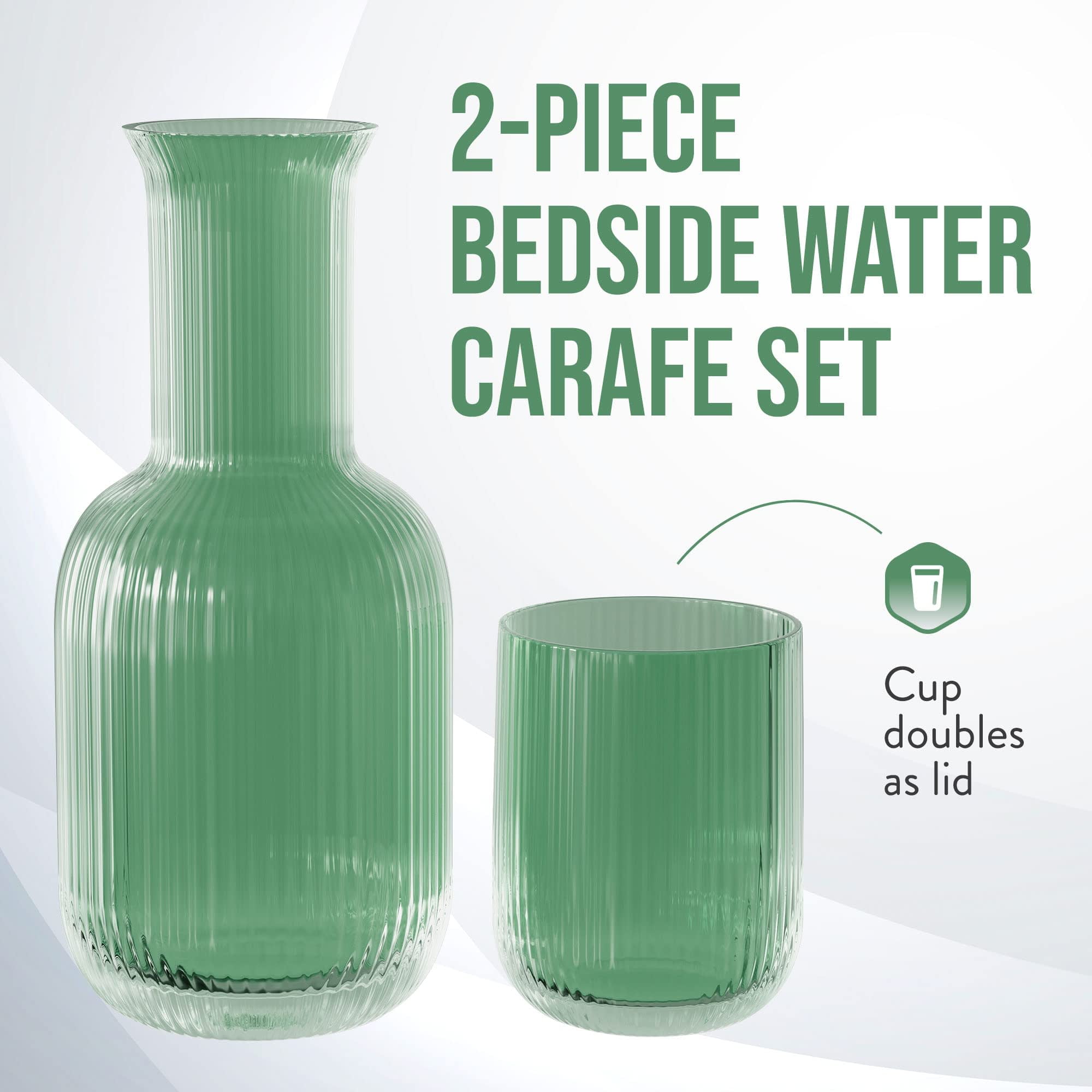 American Atelier 28 oz Bedside Water Carafe with Tumbler – 9" Ribbed Glass Pitcher with Cup Lid for Nightstand, Guest Room, Office, Bathroom, Stylish & Functional Drinkware (Green)