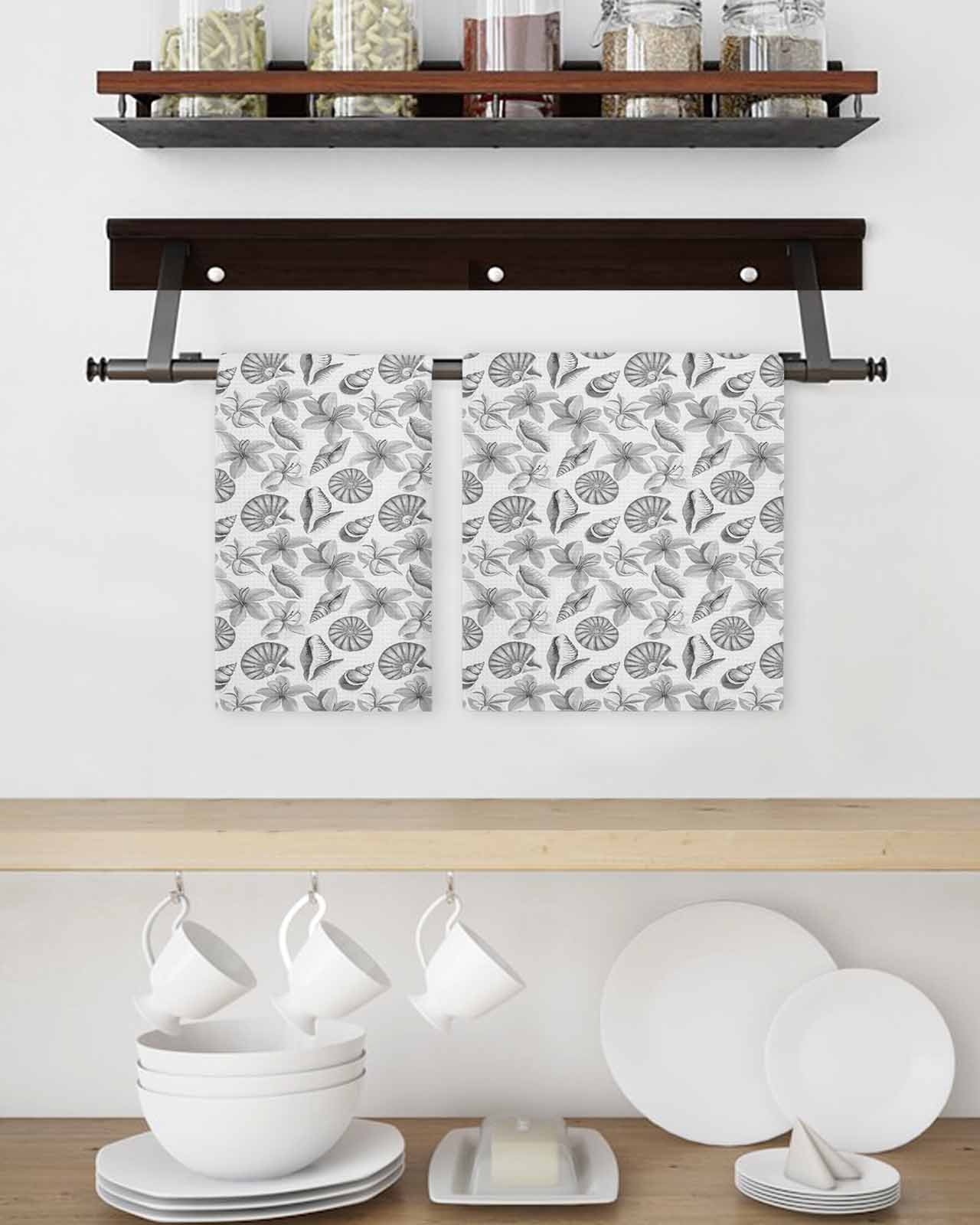 Grey Coastal Kitchen Dish Towels for Drying Dishes Set of 2, Shell Floral Ocean Retro Waffle Weave Microfiber Terry Hand Tea Bathroom Towels Quick Dry & Absorbent Towel 15.7x23.6