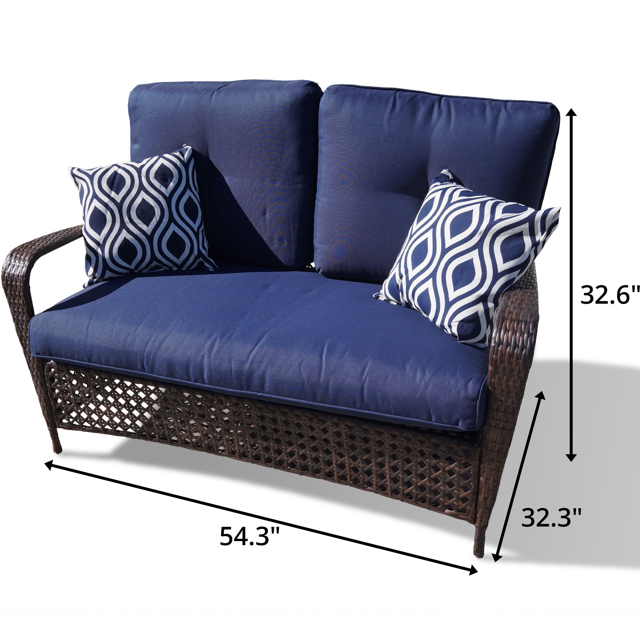 Belle Patio Amber 4-Piece Wicker Outdoor Patio Furniture Conversation Set with 4 Seats, Tempered Glass Coffee Table, White & Navy Cushions