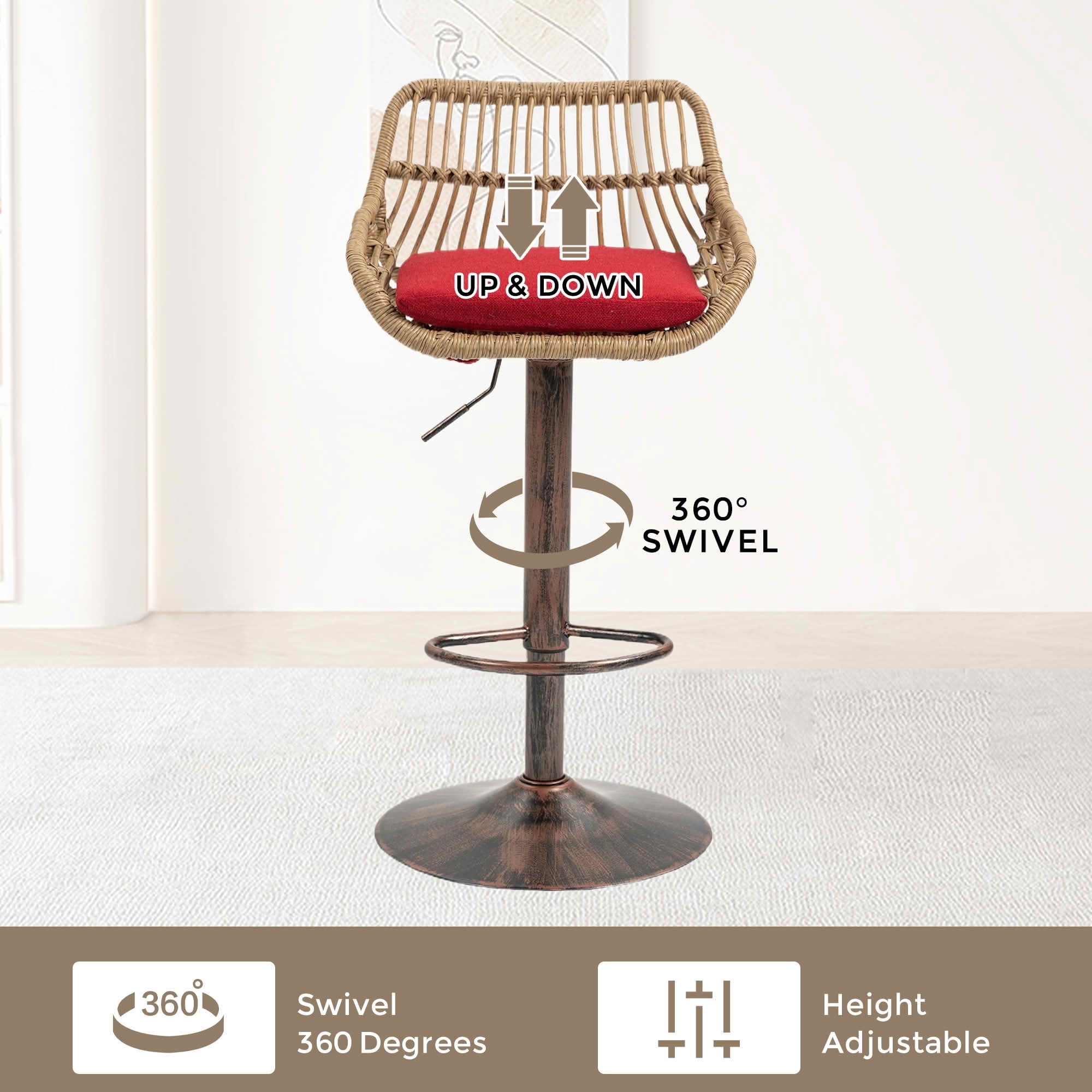 MAYEERTY Swivel Bar Stools Set of 2, Adjustable Height Chairs with Footrest, Linen and PE Rattan Back, Red