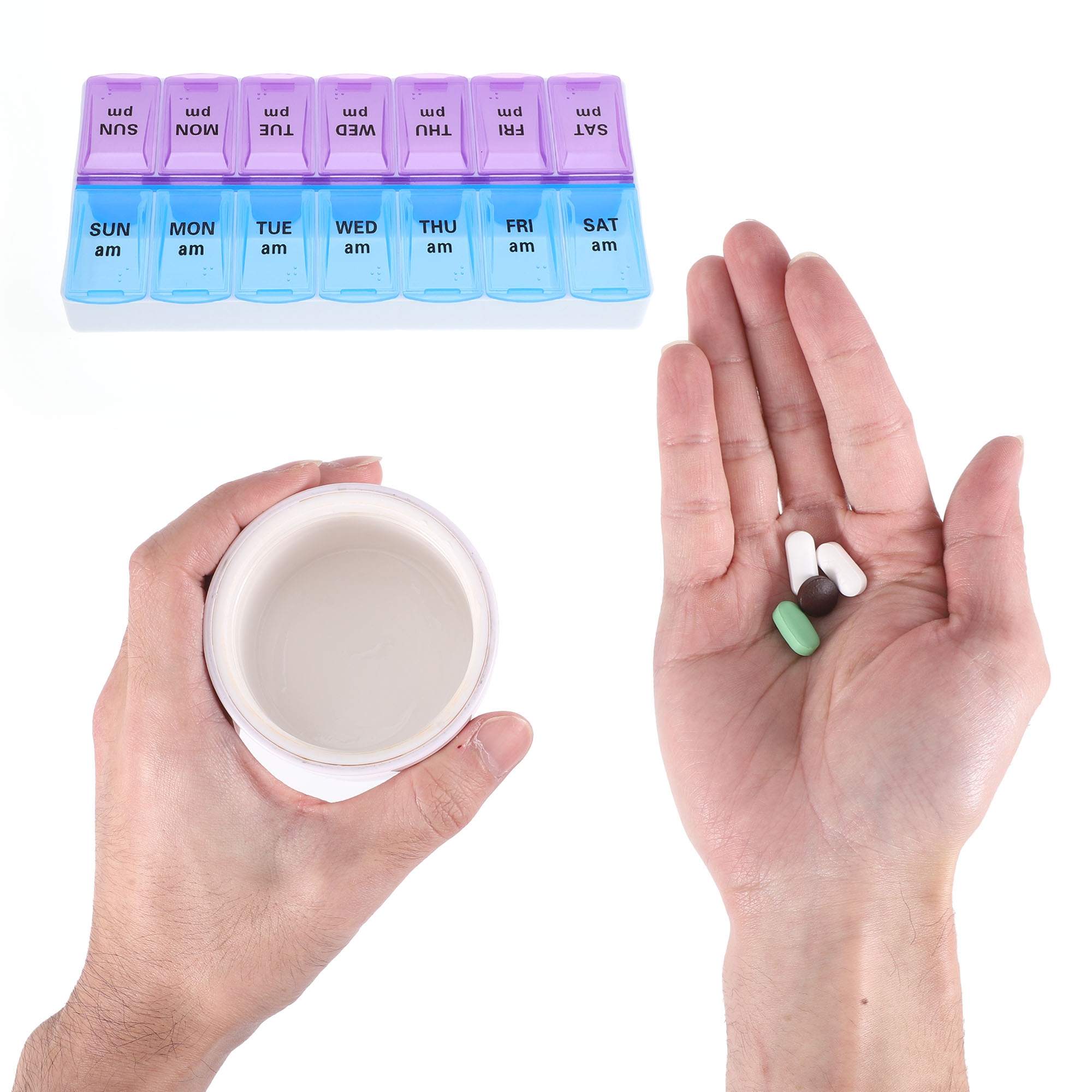 Unique Bargains Compact 14 Grids Double Row Pill Box for Travel and Daily Use Purple Blue