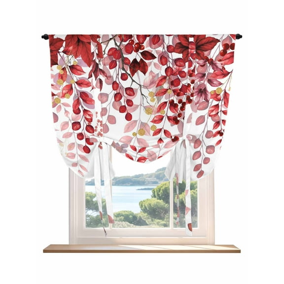 Red Eucalyptus Leaves Tie Up Curtains for Windows 45 Inch Length Balloon Curtains Kitchen Adjustable Balloon Window Shade Summer Botanical Weeping Tie Up Valance Bathroom Curtain Window 34"x45"