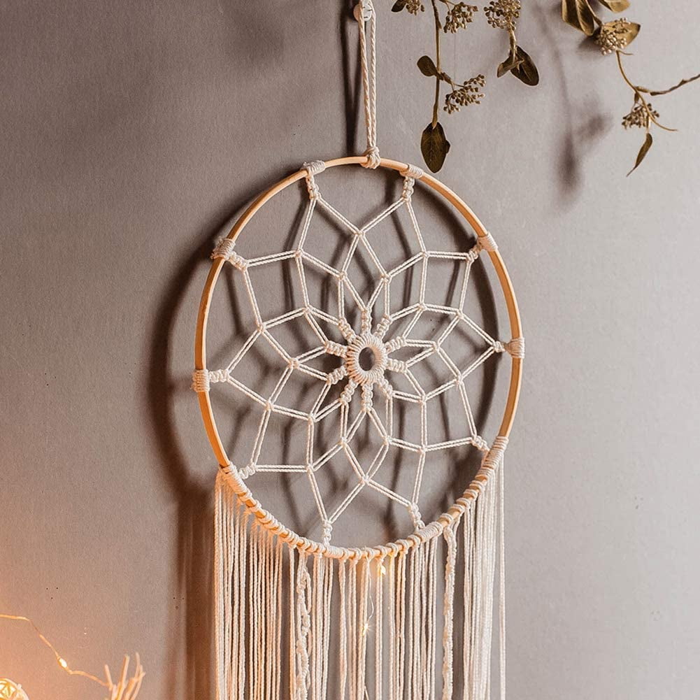 Nearly Natural 24 in. x 10 in. Handmade Bohemian Macrame Dreamcatcher Wall Hanging Decor, Ivory
