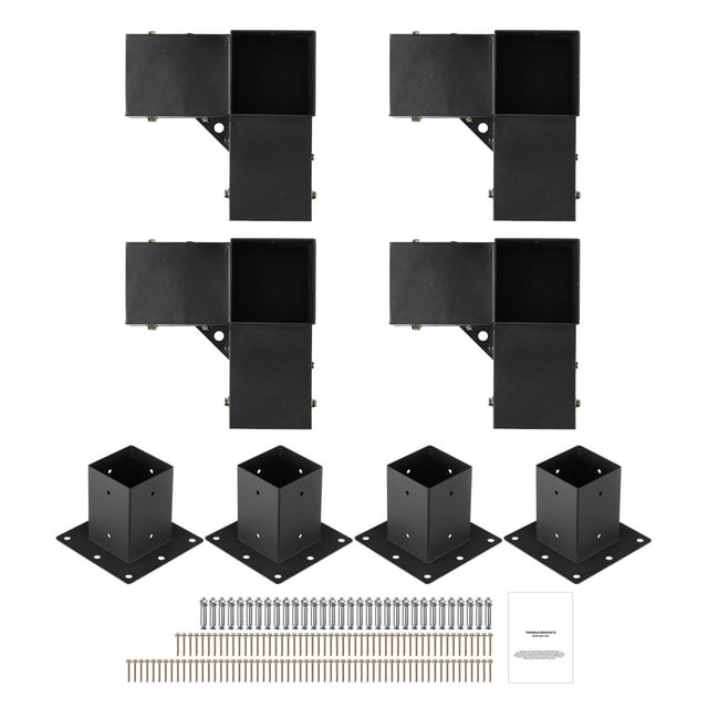 KFFKFF Pergola Support Set 4''x4'' (Inner Dimensions 3.6x3.6), featuring 8 pieces of three-direction robust corner support brackets and bases. Made from 2mm thick carbon steel with a black powder coating for corrosion resistance. Includes 112 drill-tail screws, 32 expansion steel nails, and an instruction manual for easy assembly. Designed for timber beams, the set provides stability, durability, and protection against rainwater and sunlight. Suitable for DIY woodcraft and pergola construction.