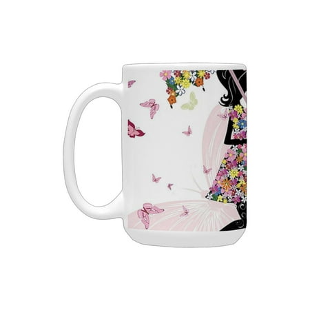 

Girly Decor Girl with Floral Umbrella and Dress Walking with Butterflies Inspirational Artsy Print P Ceramic Mug (15 OZ) (Made In USA)