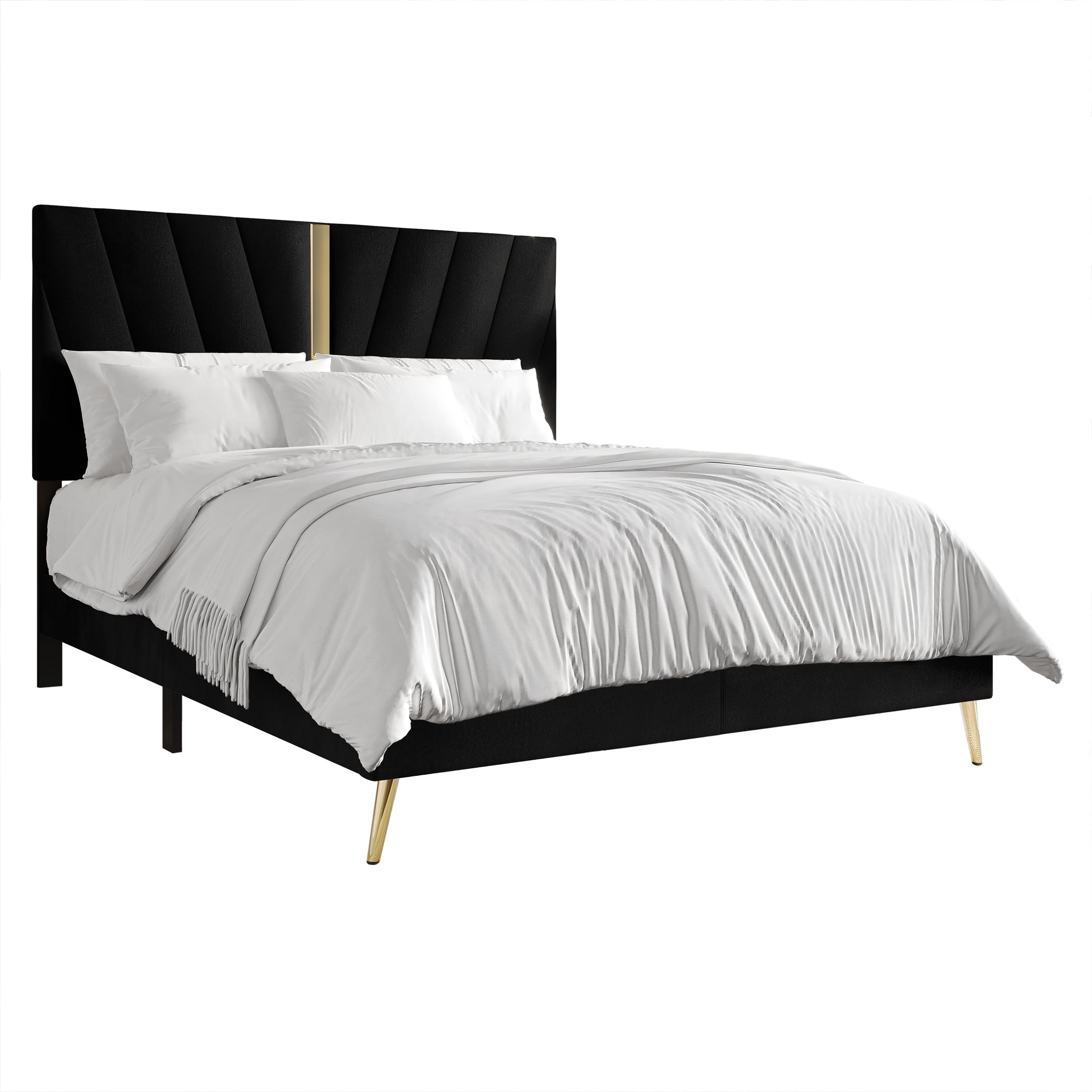 Castle Place Contemporary Velvet Queen Upholstered Bed with 2 Nightstand and Bench, Black