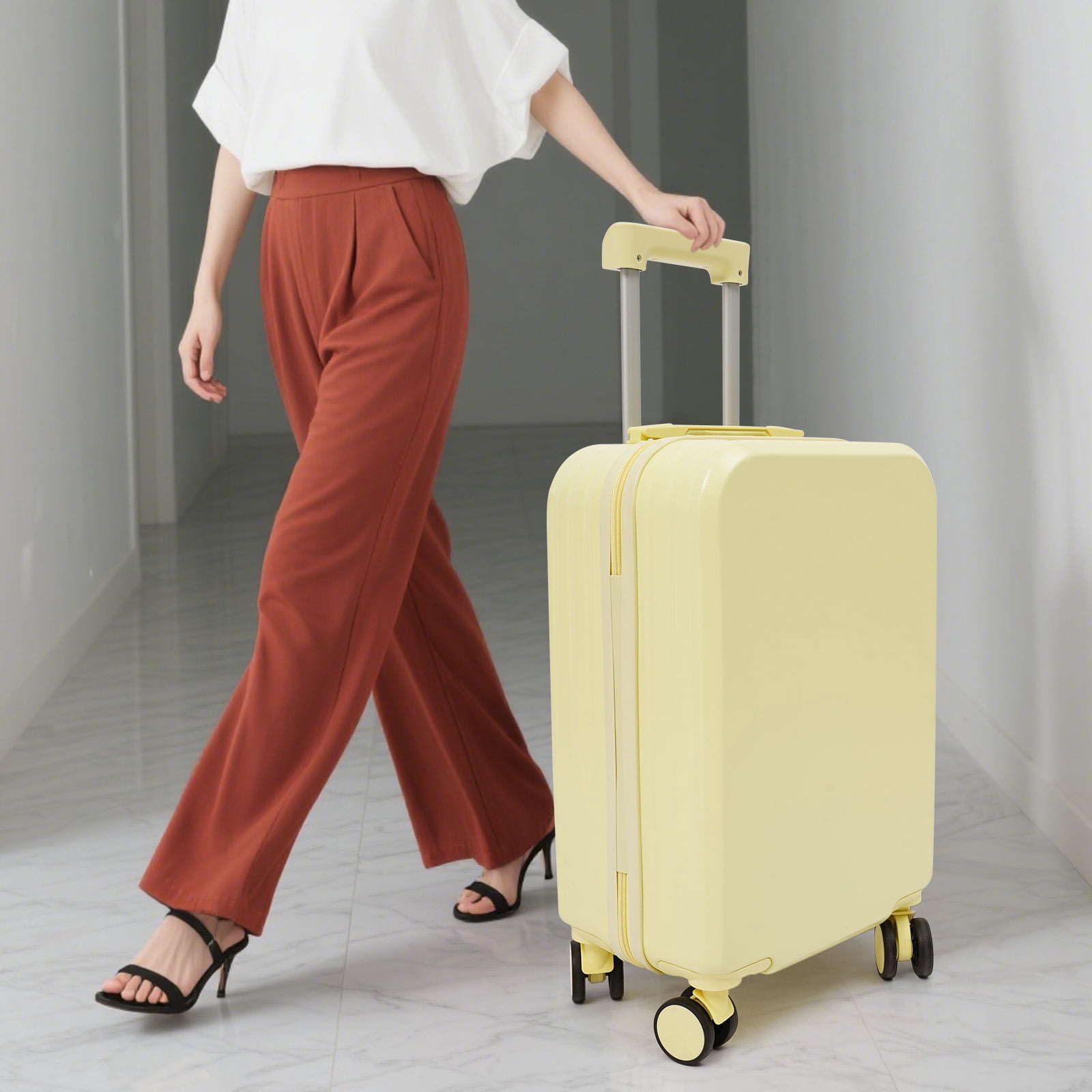 34*23*53cm Freestanding Travel Luggage Suitcase Adjustable Yellow Carry on Luggage with Cup Holder
