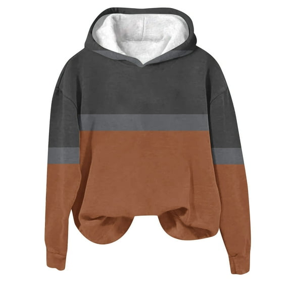 Womens Winter Warm Hoodies Long Sleeve Fleece Pullover Casual Loose Color Block Striped Floral Print Pullover Tops,Brown,M