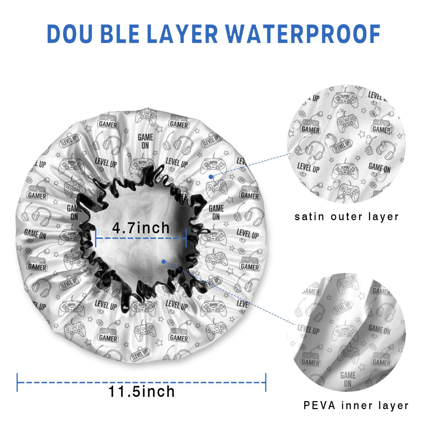 Shower Caps,Monochrome Controllers Games Icons White Pattern Waterproof Shower Cap for Women 4 Pieces,Double Reusable Hair Cover for Shower PEVA Elastic Stretch Hem