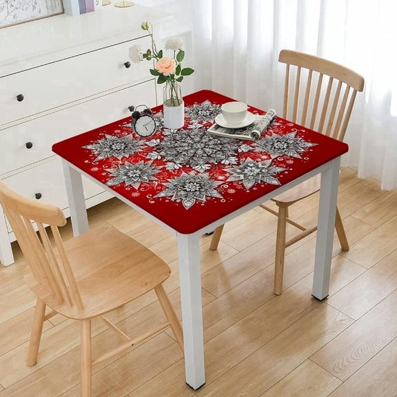 HAOXIT Snowflake Tablecloth Vinyl Flannel Backed, Winter White and Gray Snow on Red Background, Christmas Holiday Table Cover 44''x44''