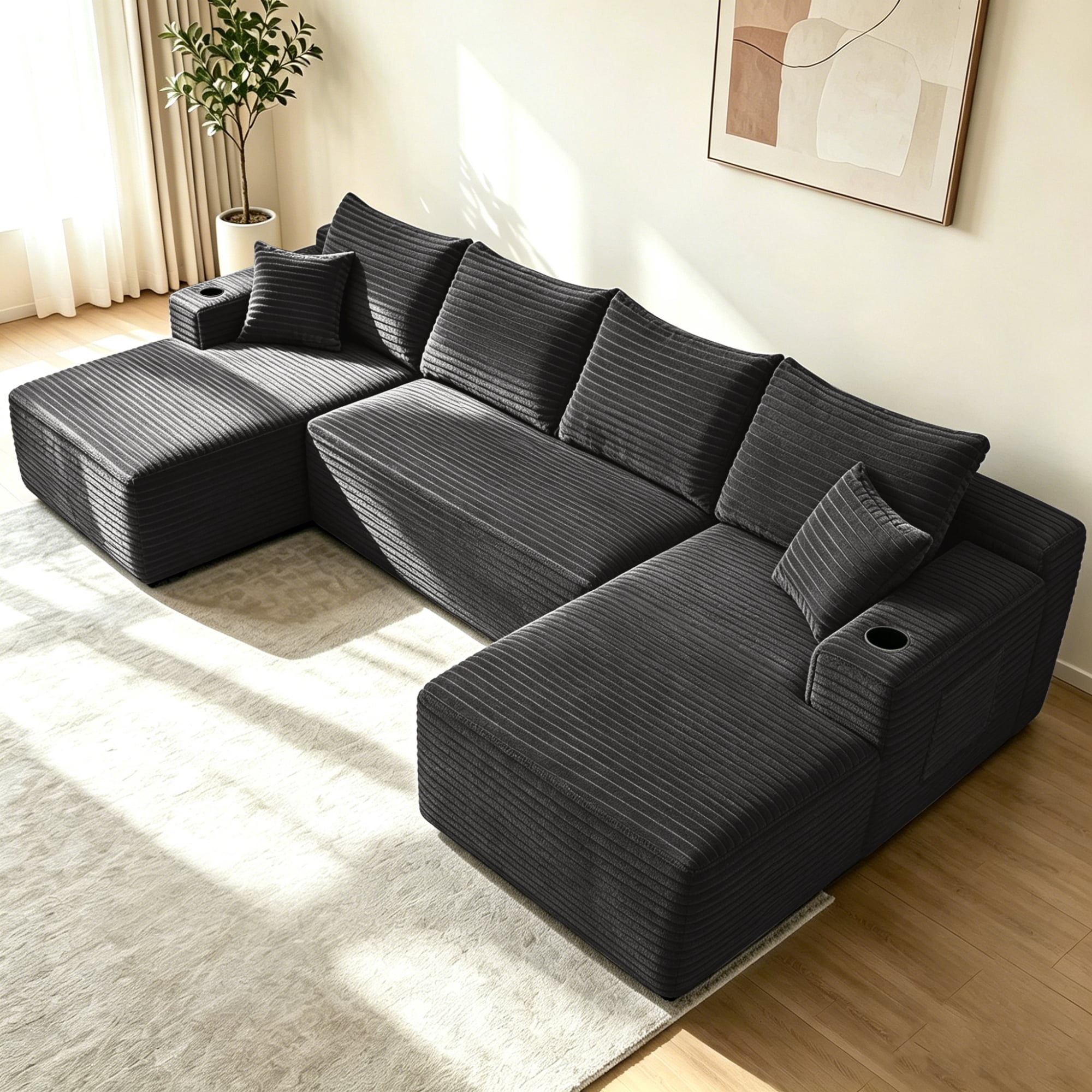 Leumius 134" Cloud Sectional Sofa with U-Shape Chaise,Modern Corduroy Boneless Couch,Upholstered Deep Seat U Shape Sofa Couch with Cup Holders for Living Room,No Assembly Required,Gray