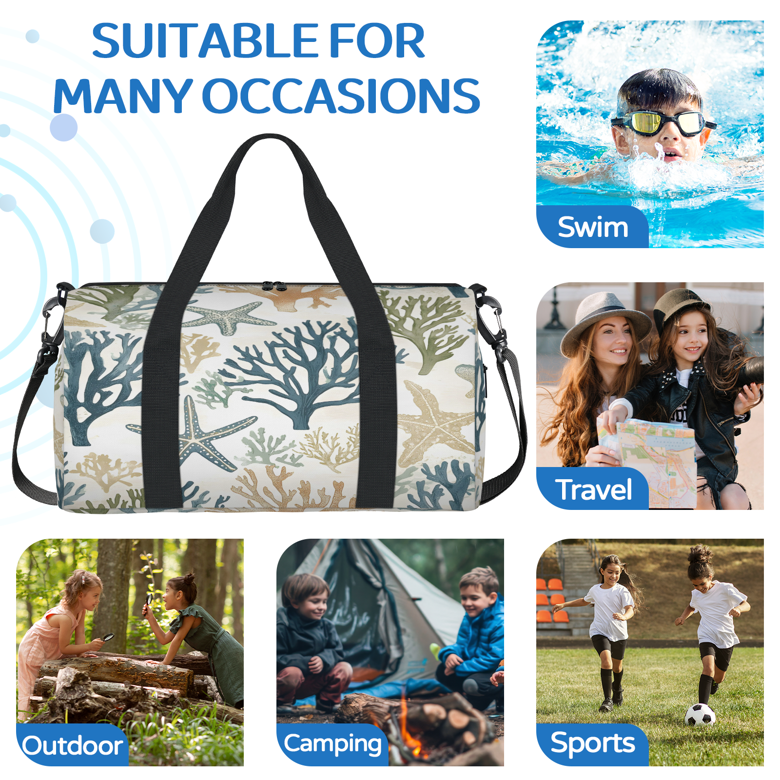 Herdesigns Starfish Beach Gym Bag for Women, Cute Duffle Bag for Travel Sport, Lightweight Waterproof Carry on Weekender Overnight Dance Yoga Workout Bags