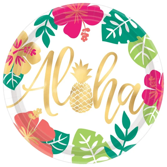 ZYLER- Amscan Aloha Pineapple Metallic Luau Party Paper 10.5In Dinner Plates, 8 Ct