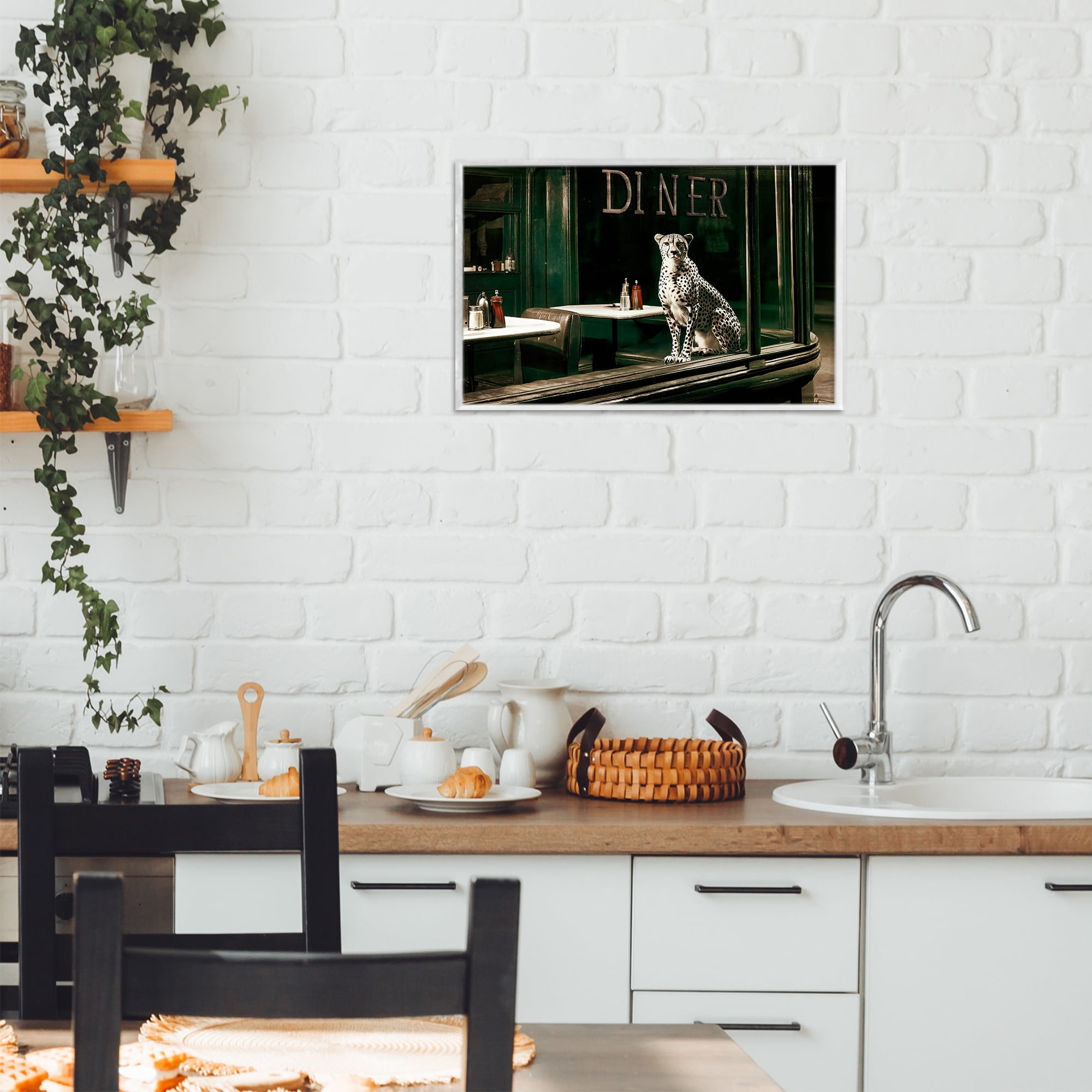 Stupell Industries Diner Sentry Leopard White Framed Giclee Art, design by Annabelle Hall