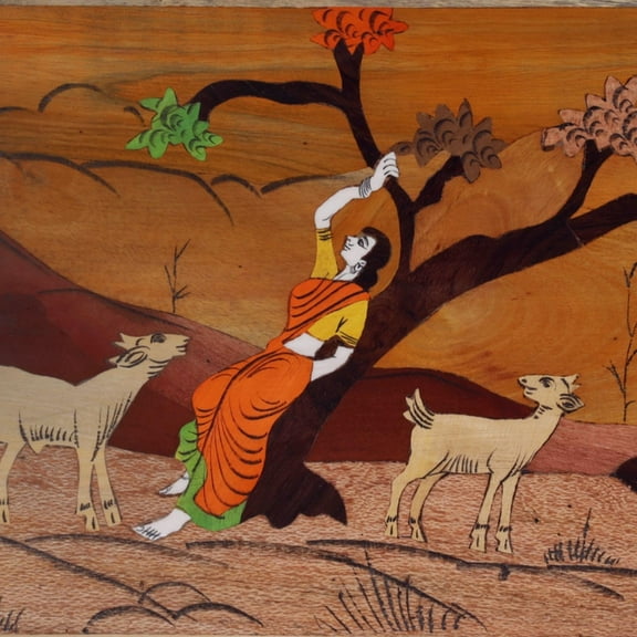 Lady in Forest Wall Hanging – Mysore Inlay Art | Beautifully Embossed Scene for Traditional Home Decor