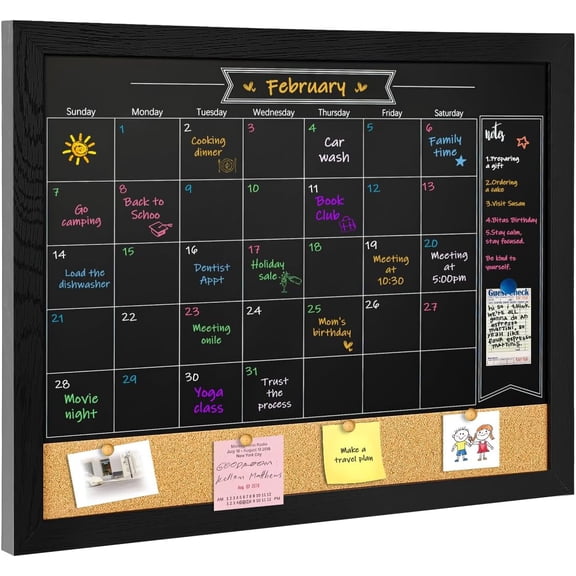 Magnetic Chalkboard Calendar Corkboard, Small Combination Chalk Board Bulletin Board, 13" x 17",Black Wood Framed Blackboard Calendar Cork Combo Board(ZHHB-BK-3343)