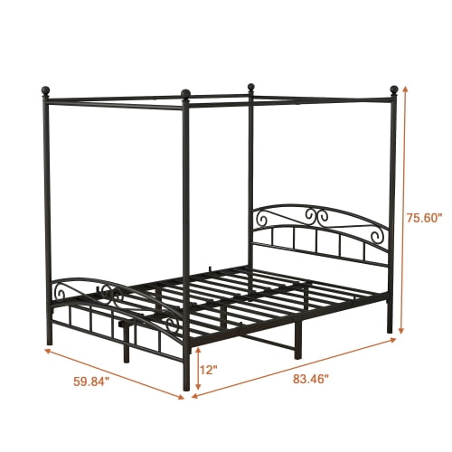 Royard Oaktree Queen Size Metal Canopy Bed Frame with Ornate European Style Headboard & Footboard Sturdy Steel H/Under-Bed Storage Space/No Box Spring Needed/Black