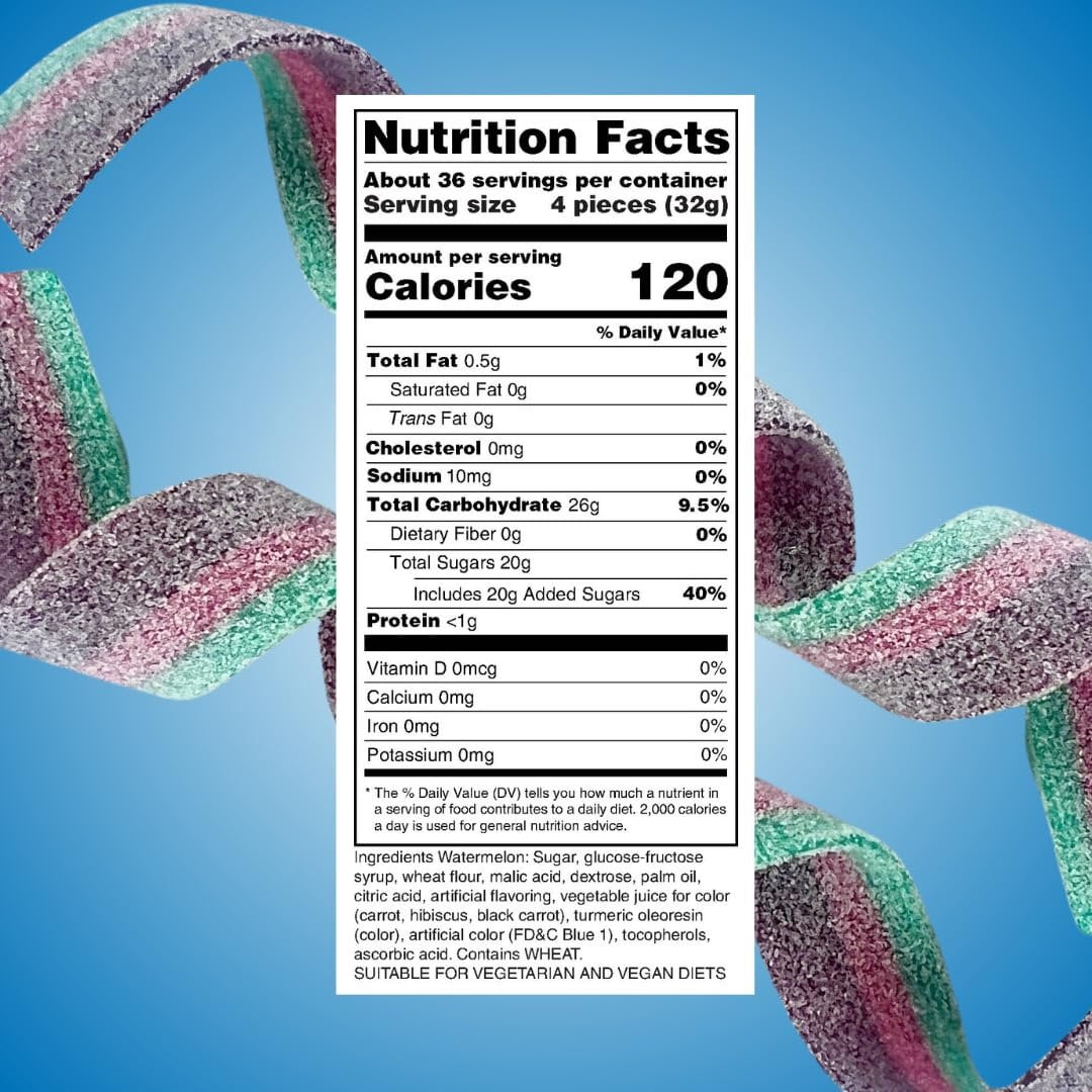 Sour Power Watermelon Candy Belts, 2.5 lb Bulk Tub Resealable, Vegan Sour Candy Since 1985, Soft Chewy Sweet Tart Belts, Non-GMO Gelatin Free, Bubble Wrapped & Boxed for Shipping