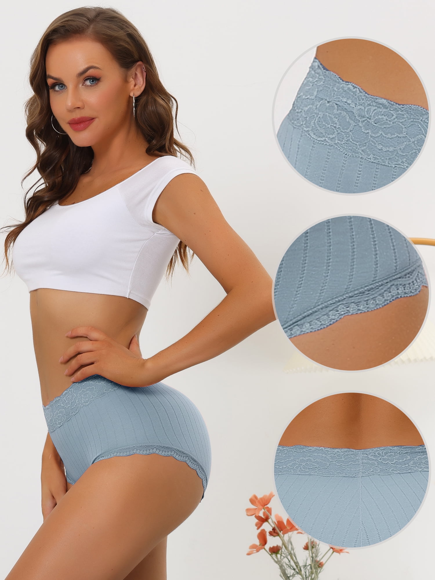 Unique Bargains Women's Tummy Control Lace Trim Ribbed Soft Underwear L Light Blue
