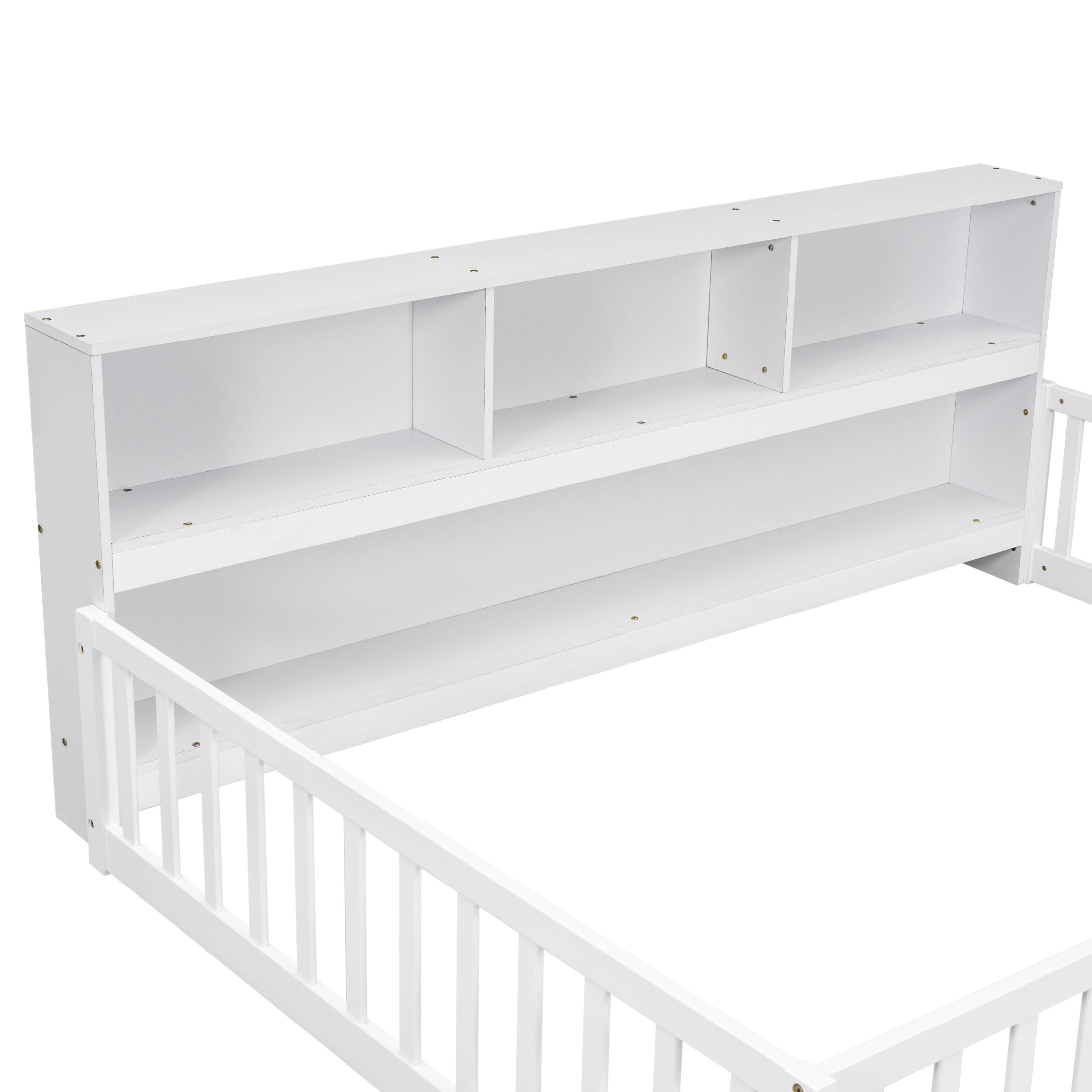Noble House Lester Full Size Floor Bed, Pine Wood Frame with Side Bookcase, Shelves, and Guardrails for Kids, White