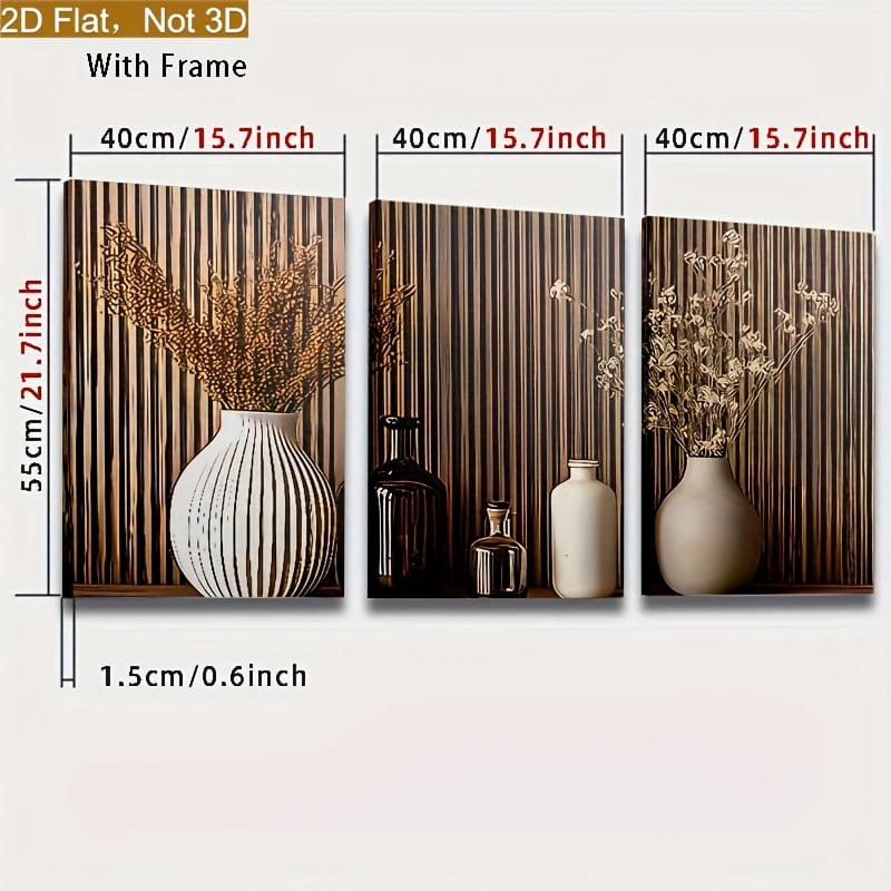 2D Flat Framed 2D Planes, Three 2D Planes Printed in a Modern Wooden Style Featuring Easy Potted Plant Landscapes, Framed Canvas Paintings And Posters, Ready to Hang, Home Decor