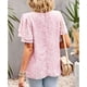 thumbnail image 5 of Blusa de manga con volantes en capas, cuello en V, estampado floral hueco, blusa ajustada informal para mujer, verano, rosa, S, 5 of 7