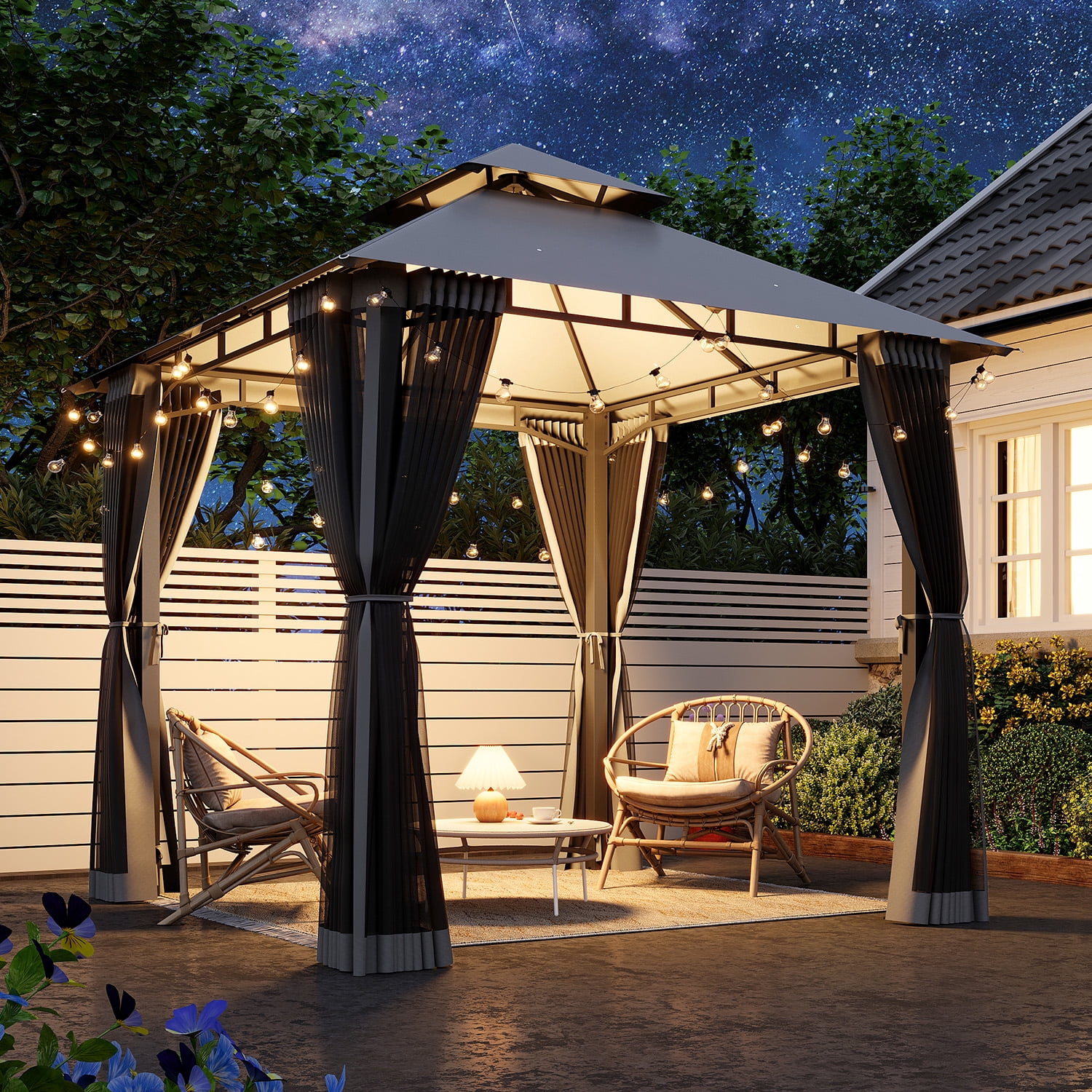 BREEZESTIVAL 8X8ft Patio Gazebo Outdoor Gazebo with Double Roof Metal Frame Canopy Carpas Para Patio Heavy Duty Shelter with Mosquito Net Screen for Backyard Lawn Garden Deck(Grey)
