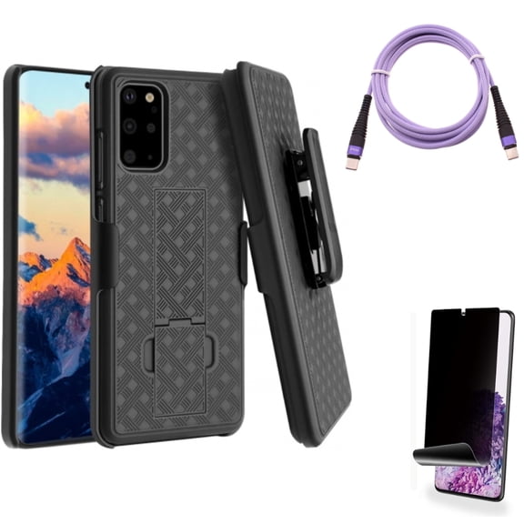Case Belt Clip w Purple 10ft PD Cable w Privacy Screen Protector for Samsung Galaxy S20 Plus - Holster Swivel Cover, Type-C to USB-C Fast Charger Cord Extra Long, TPU Film [NOT fits Galaxy S20 Plus