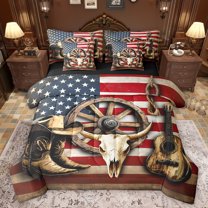 Homewish Retro Bull Skull 7pcs Bedding Comforter Set,Rustic Western Cowboy Queen Bedding Sets,Rustic Music Guitar Queen Sheet Sets For Boys Kids,Luxury Bedroom Decor Reversible