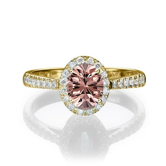 1.50 carat Oval Cut Morganite and Diamond Halo Engagement Ring in 10k Yellow Gold