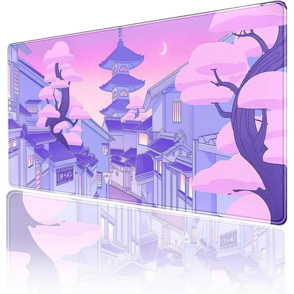 Japanese Anime Mouse Pad XXL Extended Purple Mouse Mat Cartoon City Street Gaming Mousepad Large Stitched Edges Desk Pads with Non-Slip Rubber Base(Size:31.5x11.8in)