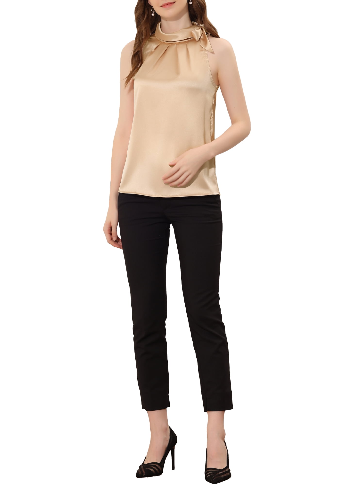 Unique Bargains Women's Elegant Sleeveless Bow Tie Neck Solid Work Blouse Tops XL Champagne