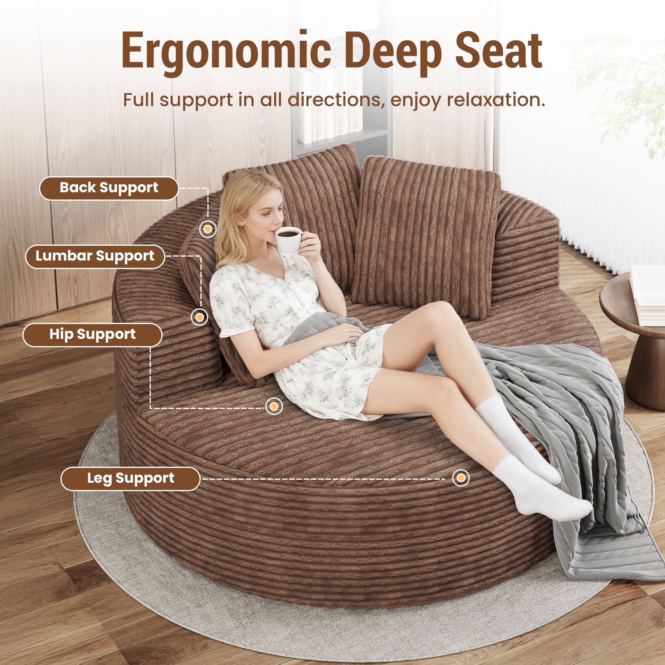 Magic Home Modern Lazy Sofa Foam Couch Sectional Sofa Togo Sofa Floor Sofa for Bedroom,Living Room,Apartment and Small Space,Single Seat Sofa,Brown