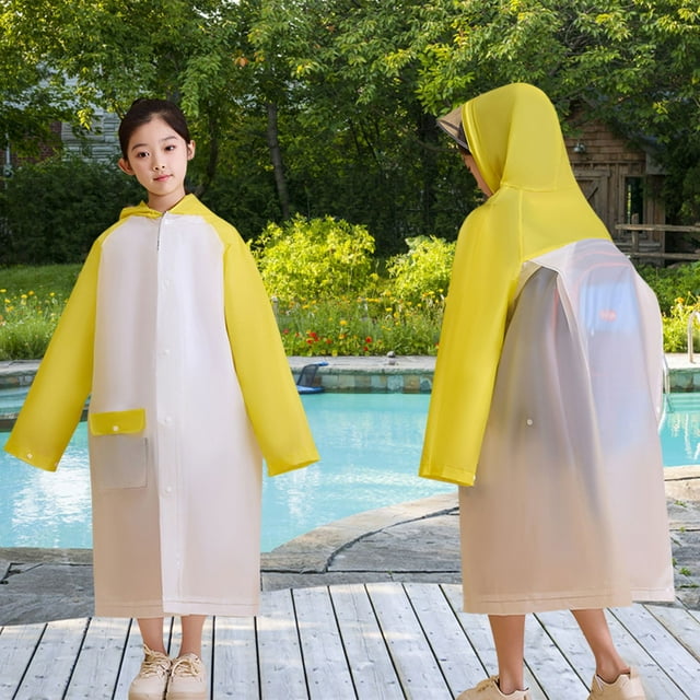 Kids' EVA Backpack Access Rain Poncho School Storm Commute Gear Extended Hood Shield Windproof Rainproof Cape Quick Dry Reusable 6-12 Years Light Yellow 160