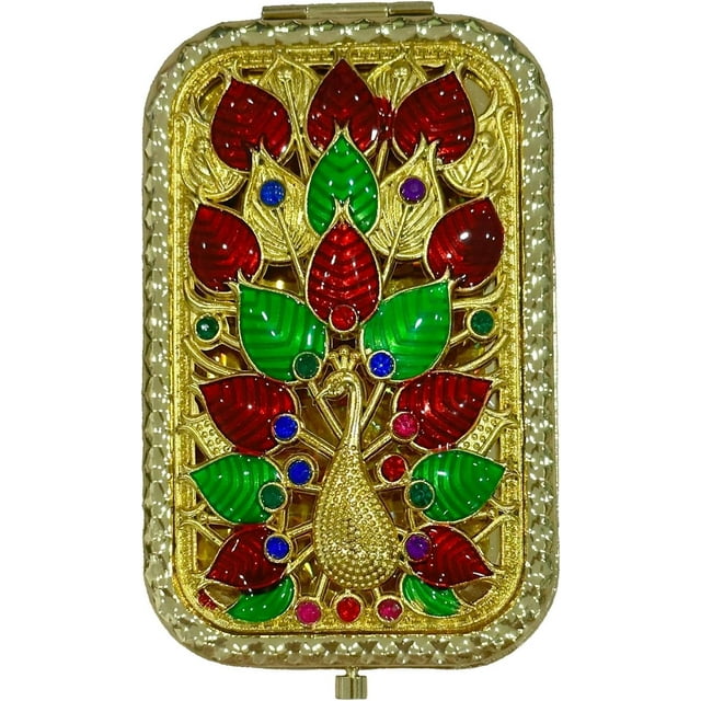 ZHU YU CHUN 1PC Vintage Peacock Spread Its Tail Pattern Cosmetic Makeup Pocket Purse Magnification Jewel Mirror (Rectangle)