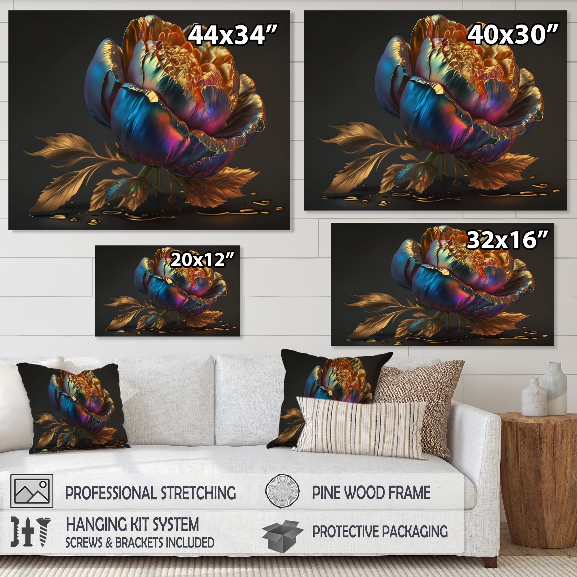 Designart Rainbow Peony Liquid Gold III Canvas Wall Art
