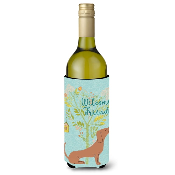 Carolines Treasures BB7631LITERK Welcome Friends Red Dachshund Wine Bottle Beverge Insulator Hugger Wine Bottle