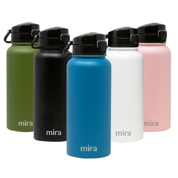 MIRA 32 oz Insulated Stainless Steel Water Bottle Thermos Flask, One Touch Spout Lid Cap, Hawaiian Blue
