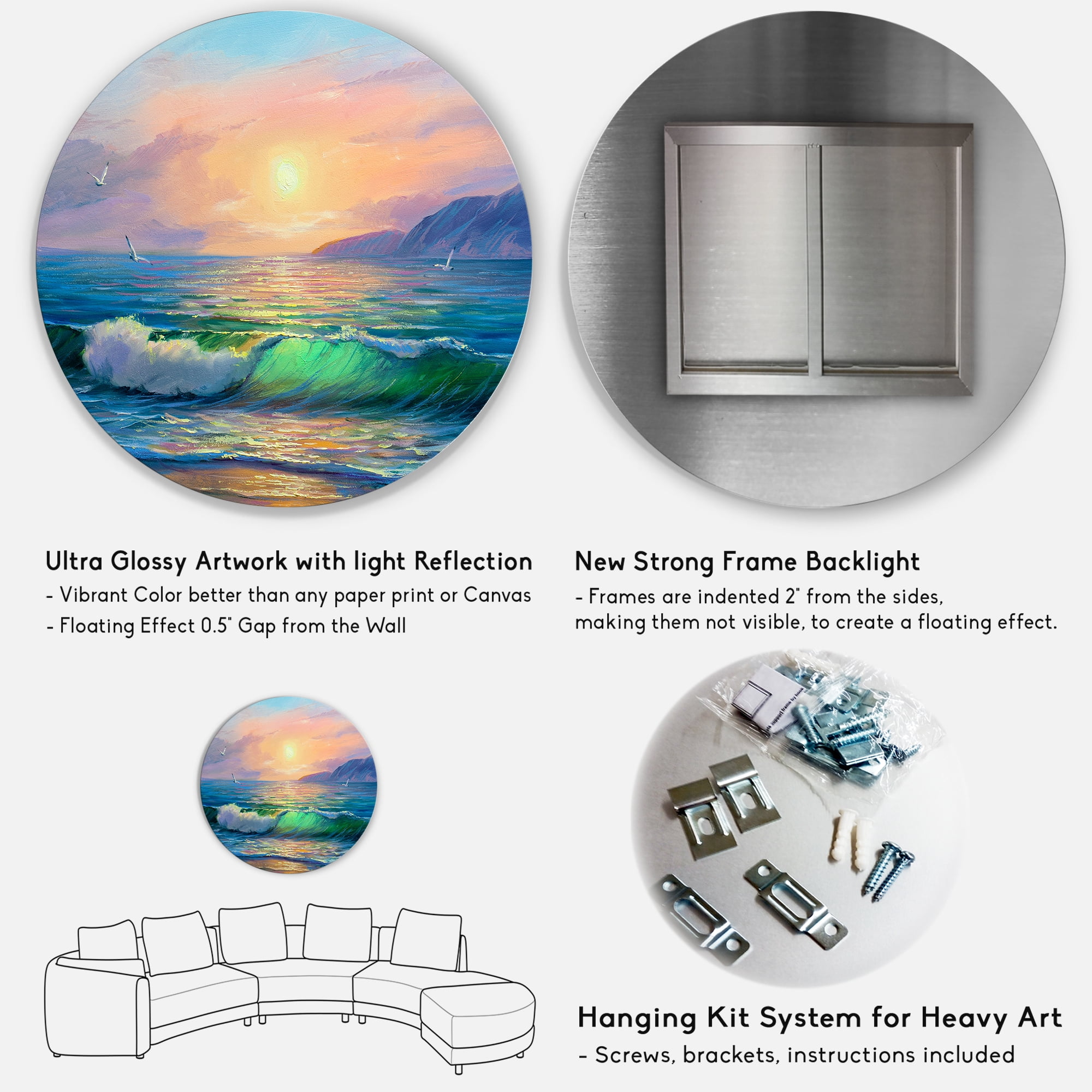 Designart 'Blue Waves Breaking At The Beach Landscape V' Nautical & Coastal Circle Metal Wall Art 36x36 - Disc of 36