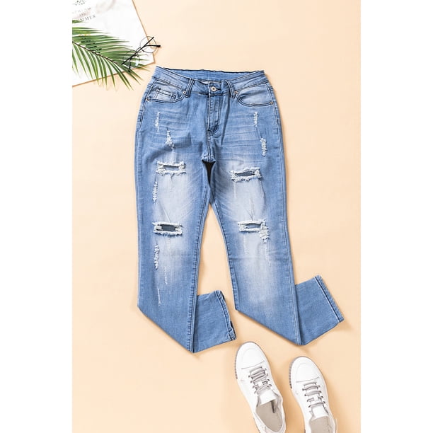 ABPHQTO Jeans ajustados desgastados de cintura alta para mujer