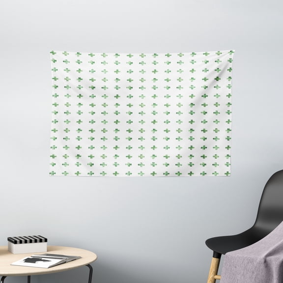 Green and White Tapestry, Pattern with Watercolor Style Plus Signs Geometric and Modern, Wall Hanging for Bedroom Living Room Dorm Decor, 60W X 40L Inches, Reseda Green and White, by Ambesonne