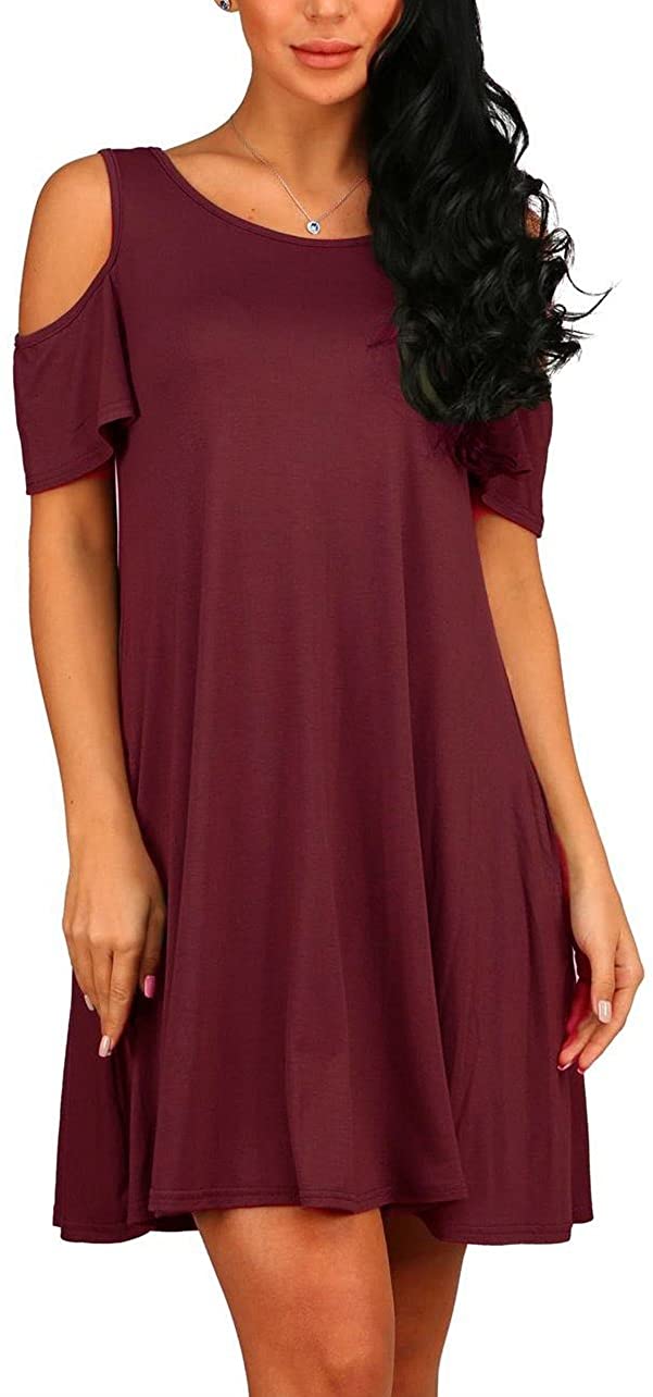 PCEAIIH Women/'s Summer Cold Shoulder Casual T-Shirt Swing Dress with Pockets