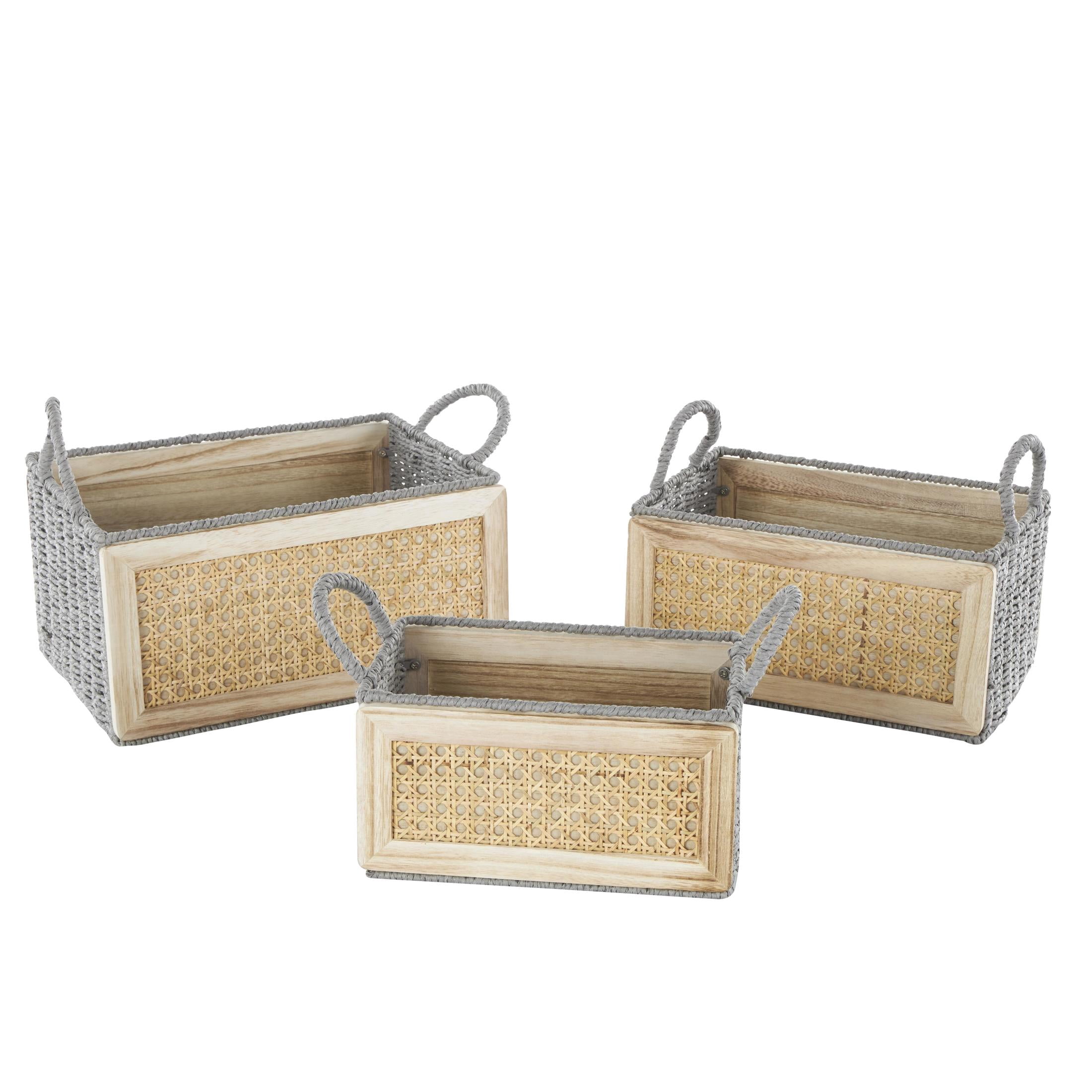 DecMode 14, 13, 10"W Brown Rattan Woven Storage Basket with Rope Handles, 3-Pieces