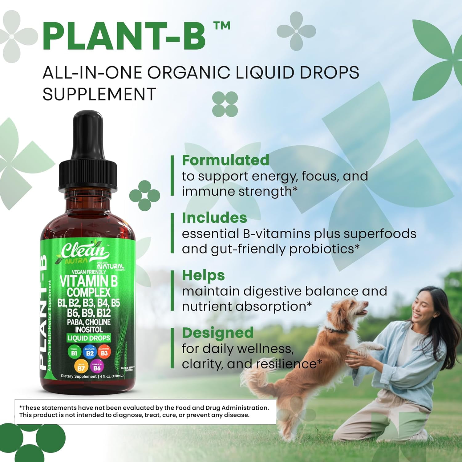 Vitamin B Complex Liquid Drops | Thiamine B1, B6, B2, B3, B4, B5, B7 B9, B12, Niacinamide, Paba, Choline Inositol Taurine Probiotics Beet Root Spirulina - Plant-B Vitamin Supplements by Clean Nutra