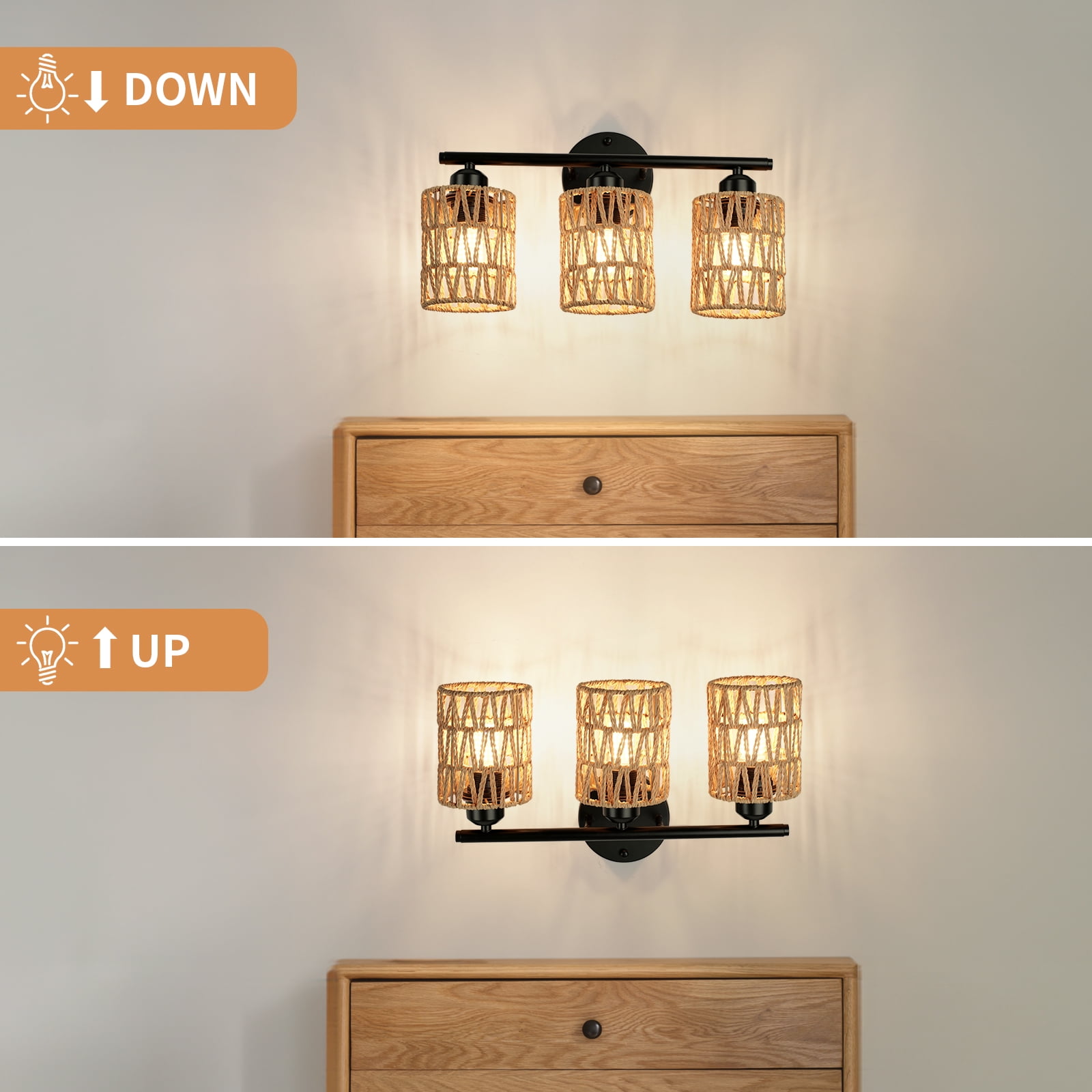 FRIDEKO HOME 3-Light Bathroom Light Fixtures Vanity Lights Over Mirror, 17" Boho Wall Sconces with Woven Lampshade, Farmhouse Black Wall Lamp for Farmhouse Living Room Bedroom (Without Bulb)