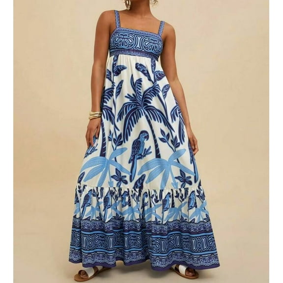 Tropical Print Maxi Dress (S, MultiBlue)