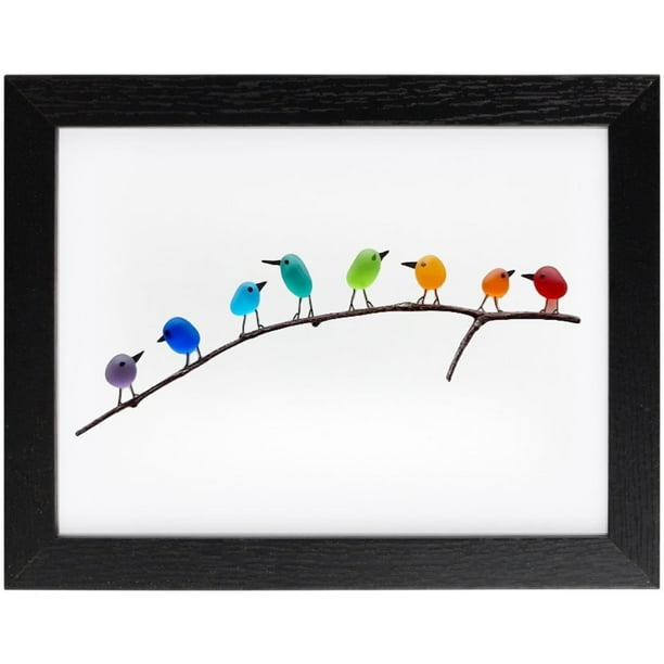 Pájaros arcoíris de cristal de mar en rama enmarcados pájaros de cristal de mar arte de la pared decoración del hogar