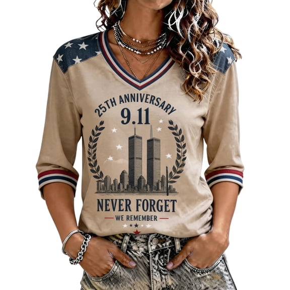 9/11 25th Anniversary Never Forget Shirt for Women 3/4 Sleeve V Neck 911 Memorial Patriot Day Tshirt, 3XL