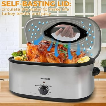 HEYNEMO Electric Roaster, Roaster Oven 26 Quart with Self-Basting Lid, Turkey Roaster Oven with Removable Pan and Rack, Adjustable Temperature Control Powerful 1450W Stainless Steel, Silver