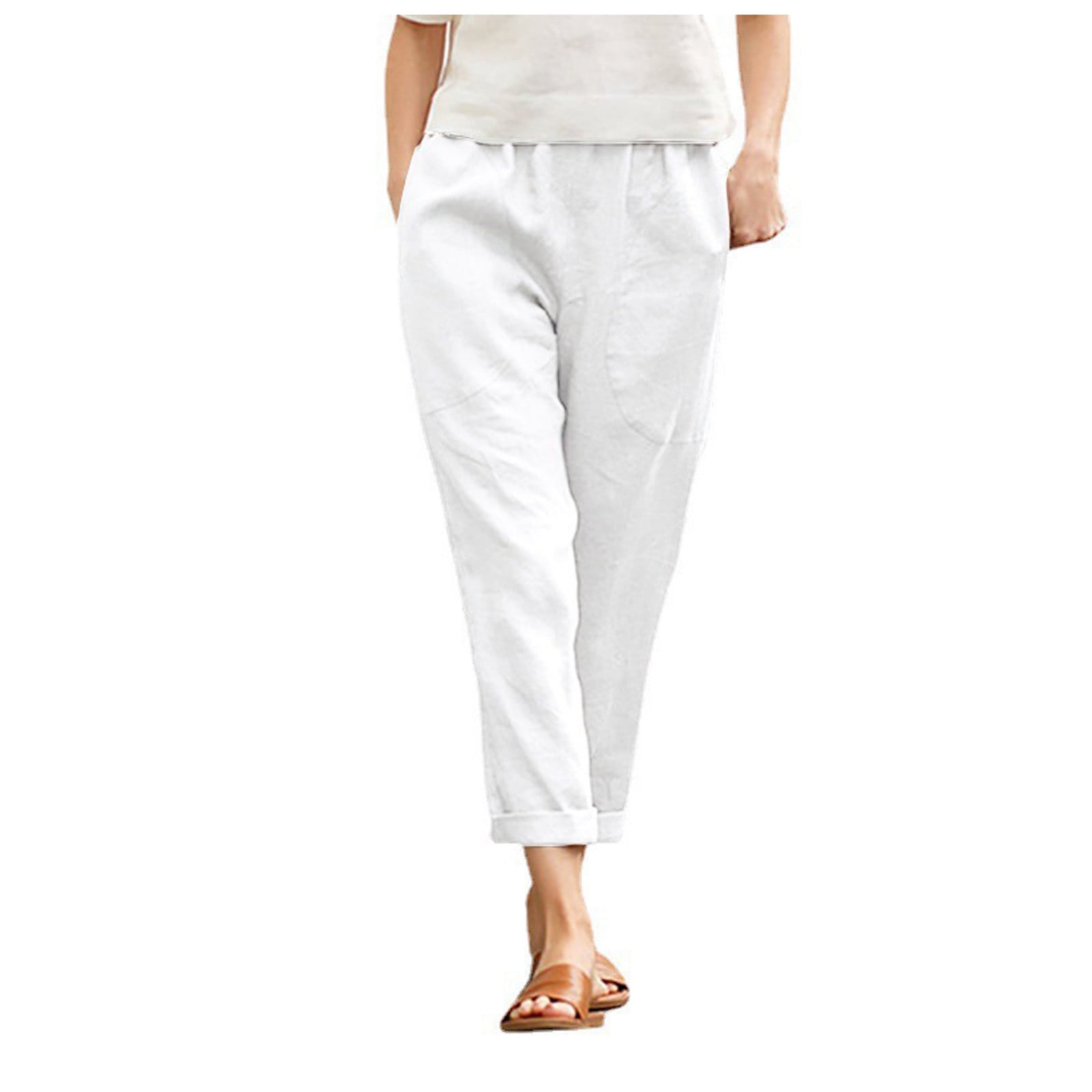 Huaai White Linen Pants For Women Tightness Trousers Pocket Casual Plus ...